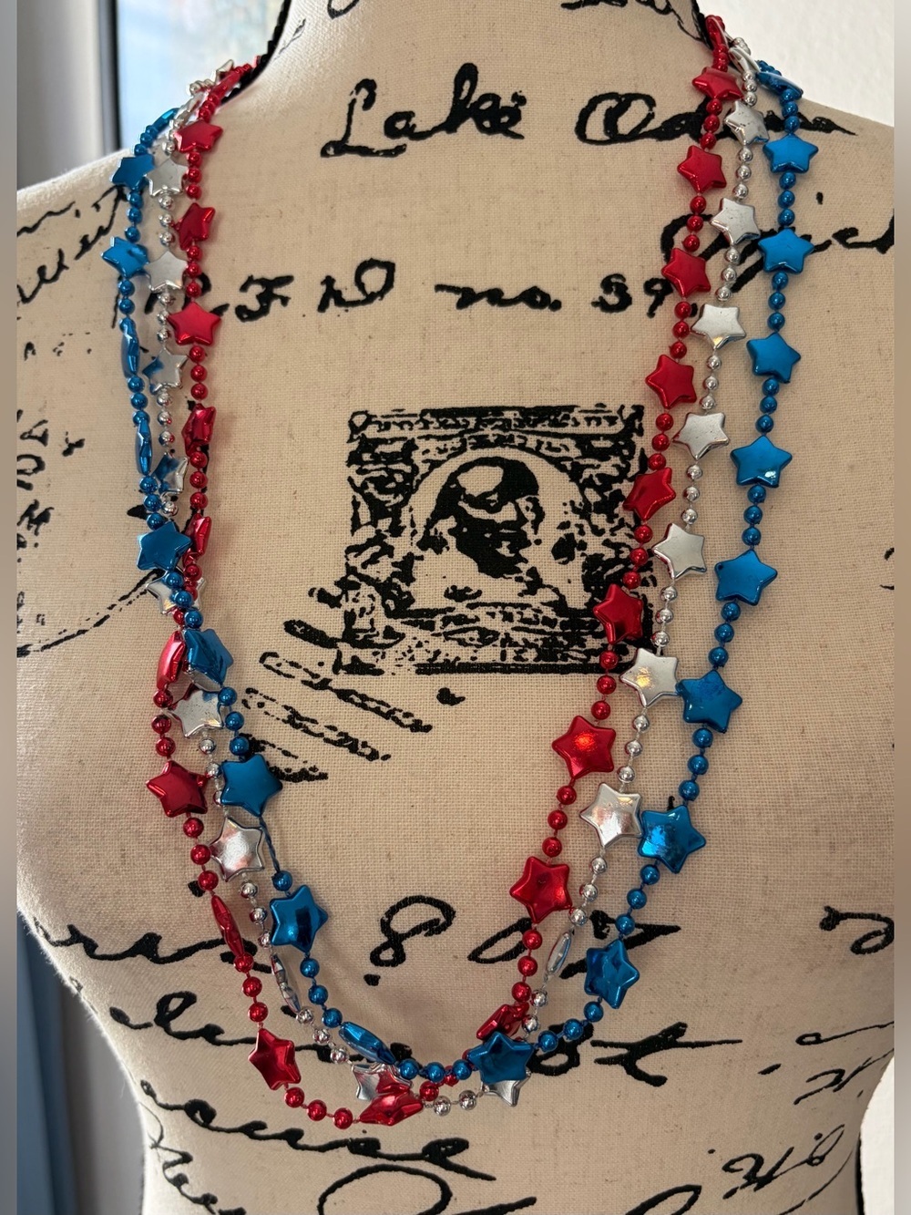 Triple Strand Red, Blue & Silver Beaded Necklace - Women Jewelry 3 sets of 3 - Picture 3 of 3